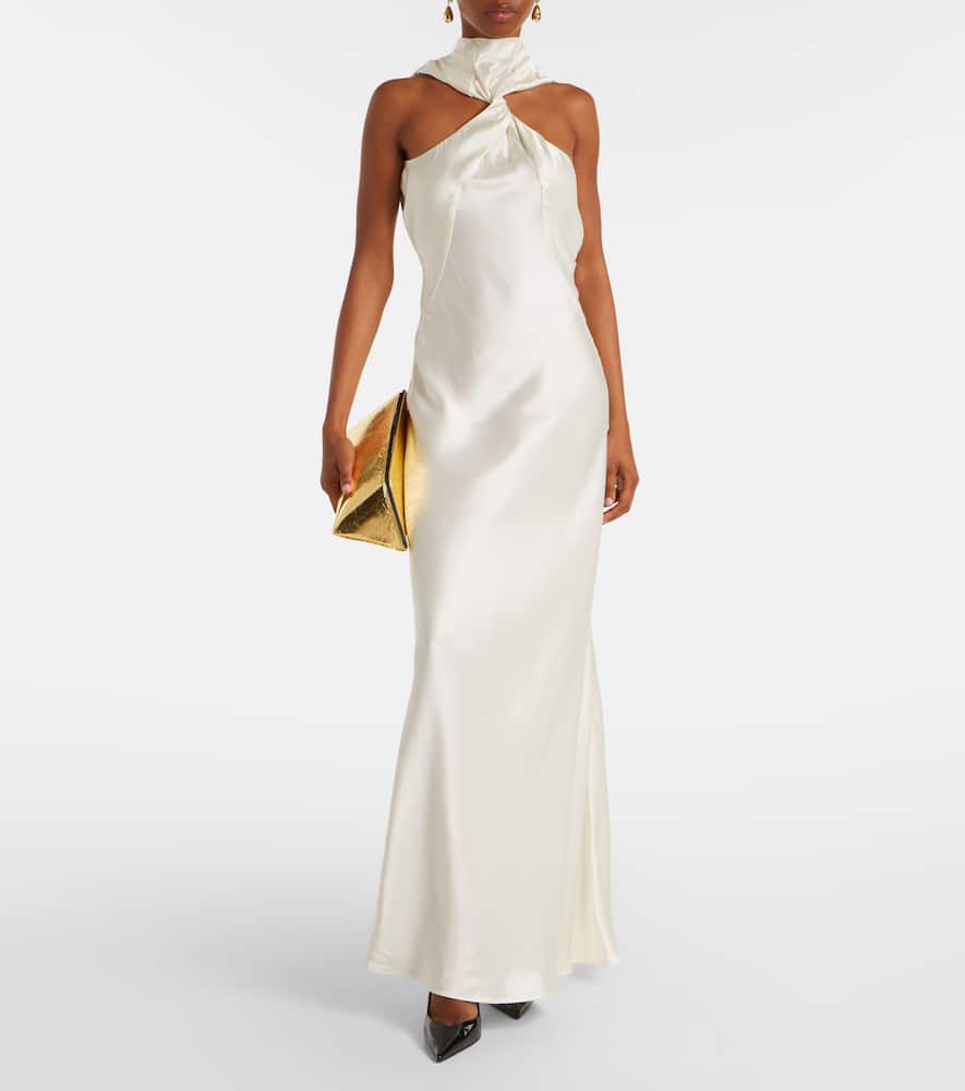 Attico Gathered Halterneck Satin Gown In Neutral