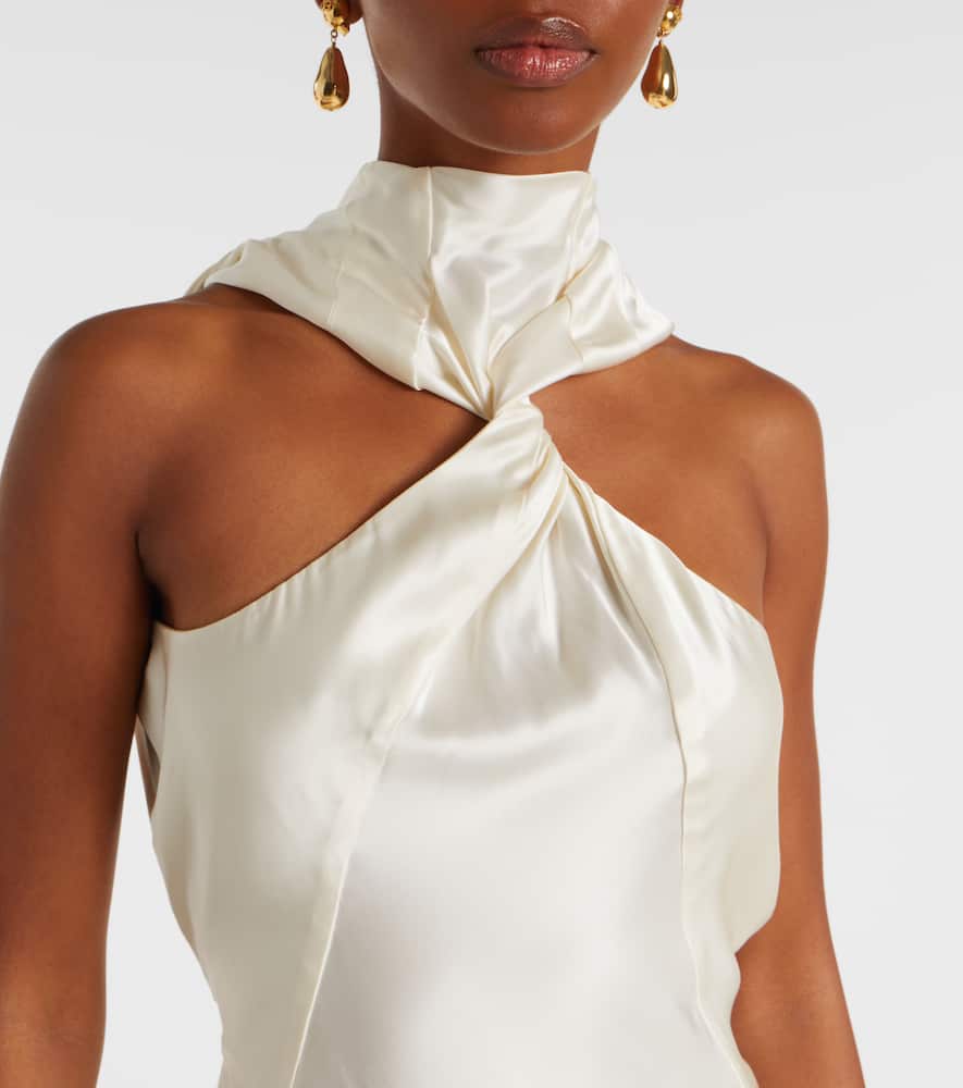 Attico Gathered Halterneck Satin Gown In Neutral