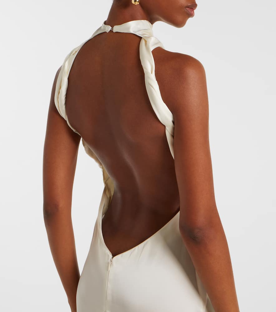 Attico Gathered Halterneck Satin Gown In Neutral