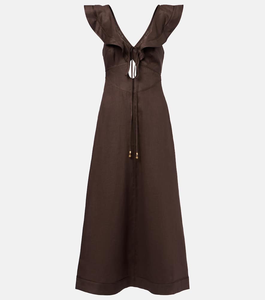 Zimmermann Rhiannon Ruffled Linen Midi Dress In Brown