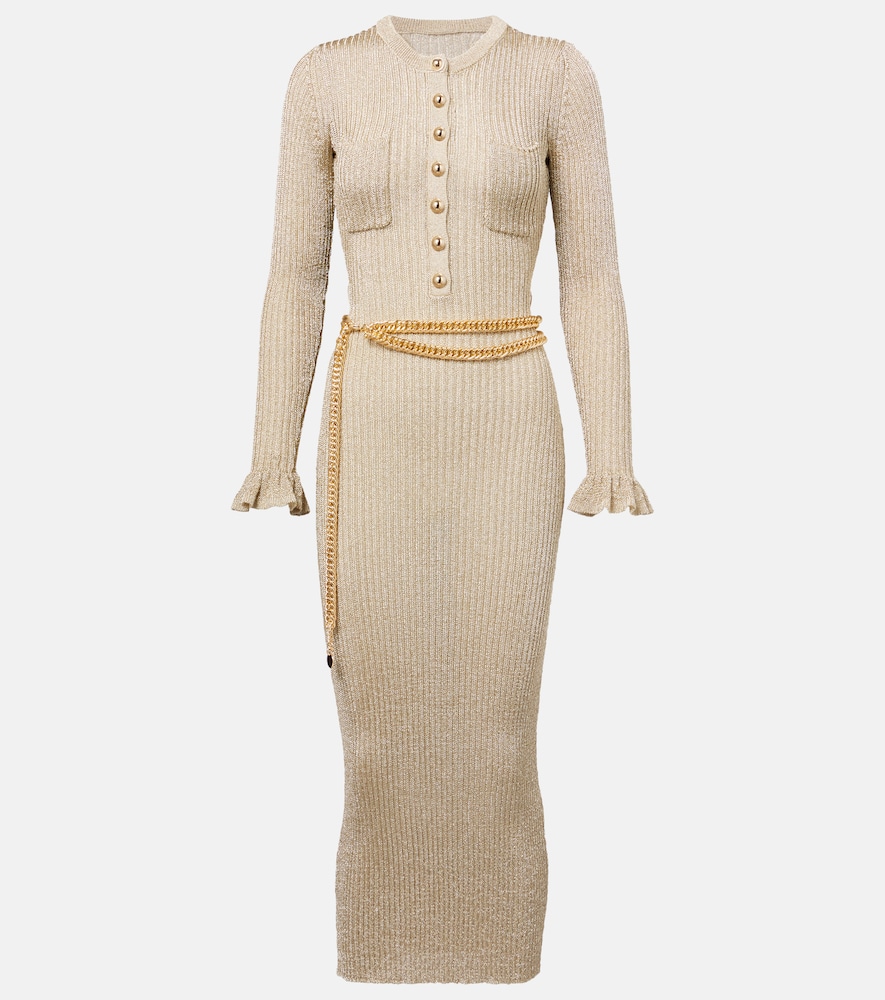 Ribbed-Knit Lamé Midi Dress