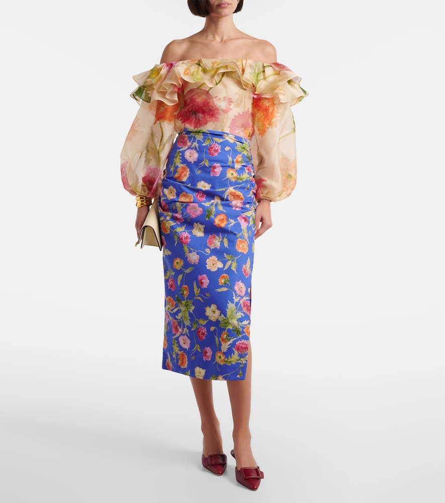 Floral Ruched Cotton-Blend Midi Skirt