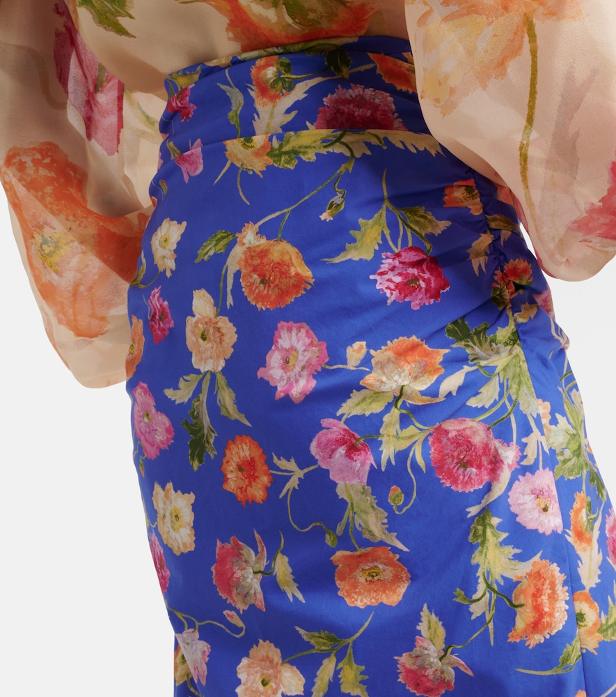 Floral Ruched Cotton-Blend Midi Skirt