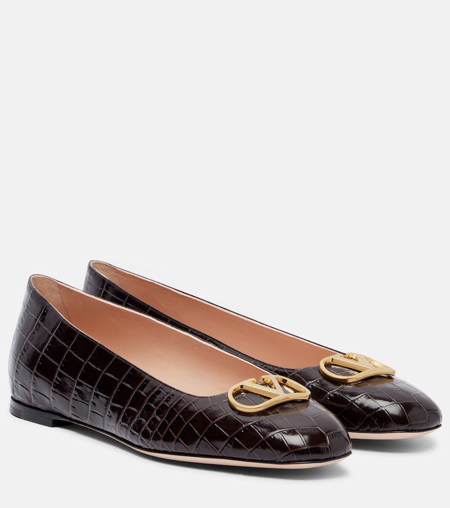 Valentino Garavani Women's Brown Vlogo Croc-Effect Leather Ballet Flats UK Size 3.5 - Mytheresa