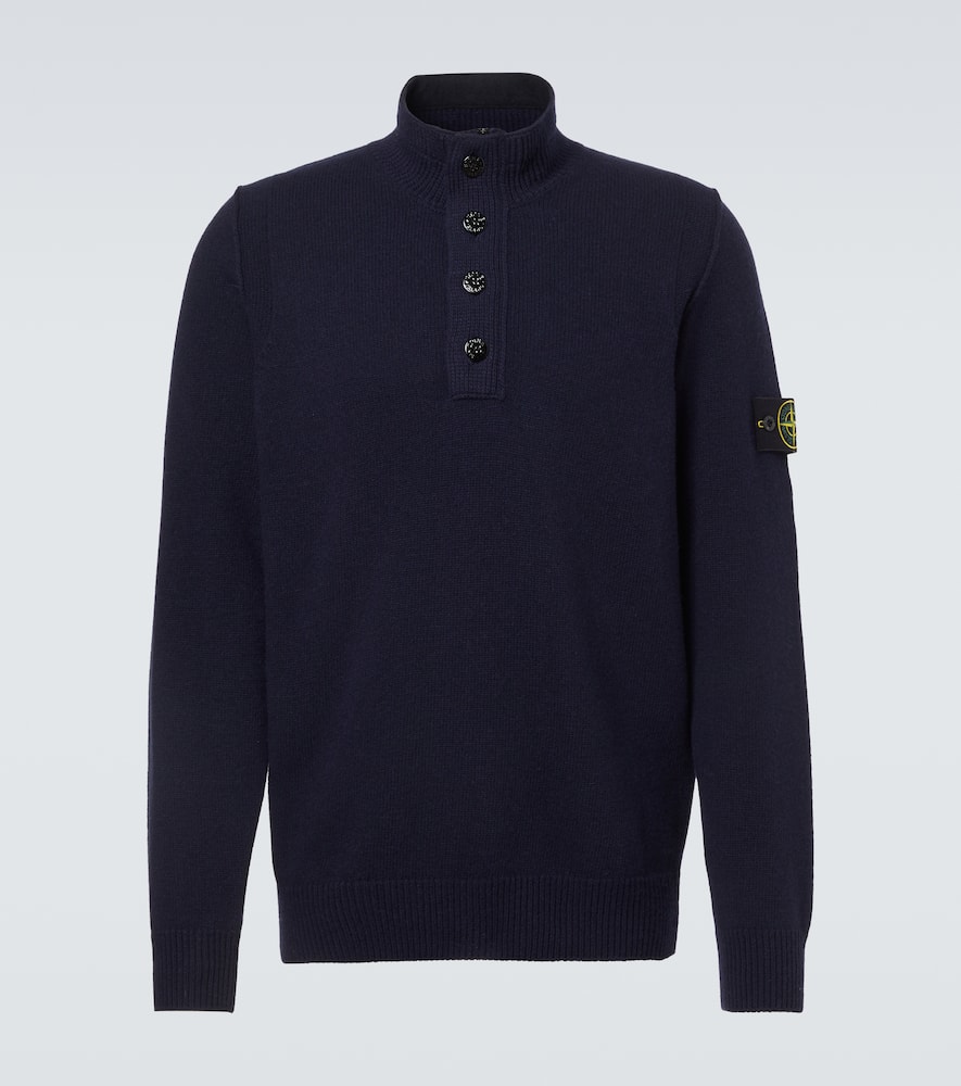 Stone Island Blue High Neck Sweater With Button Closure On The Front And Logo Patch On The Sleeve In Wool Man In Blue