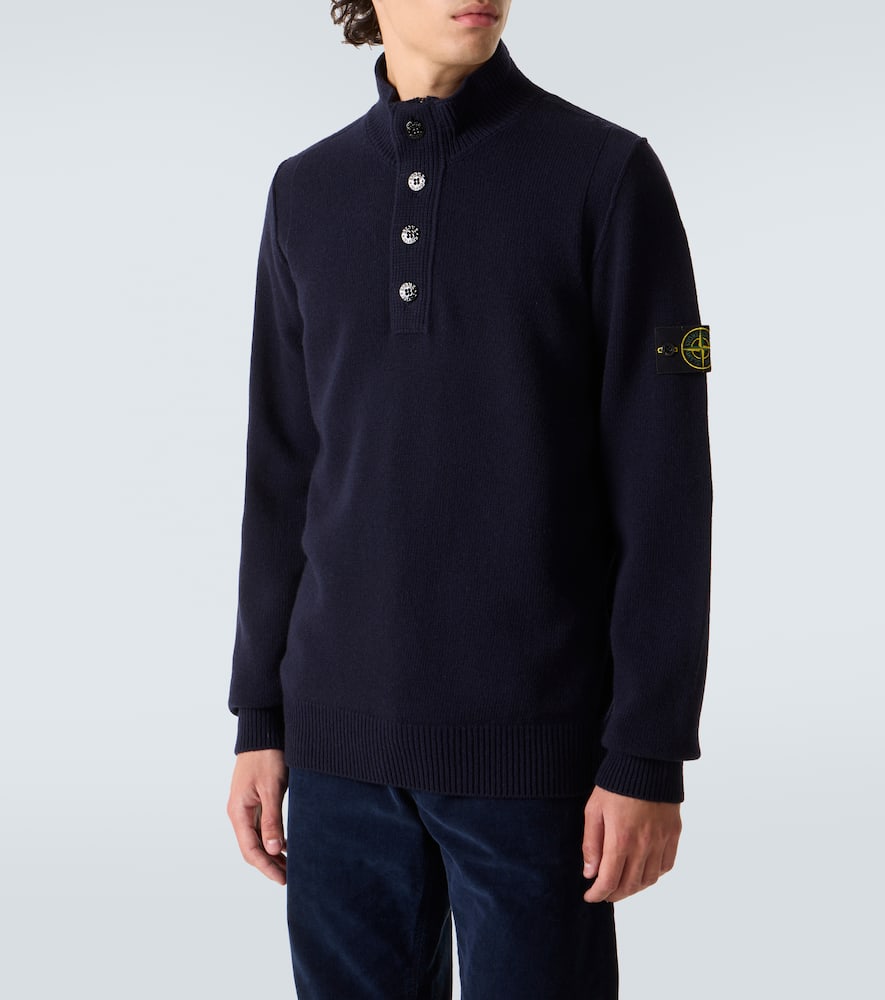 Stone Island Blue High Neck Sweater With Button Closure On The Front And Logo Patch On The Sleeve In Wool Man In Blue