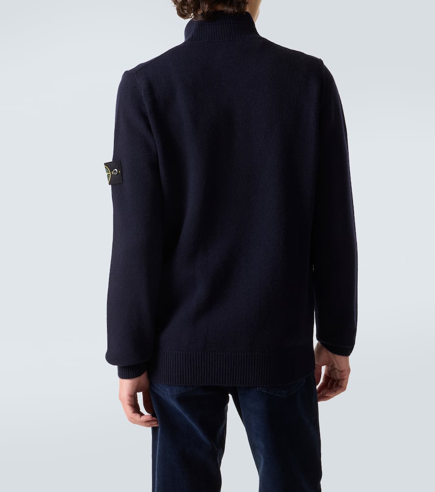 Stone Island Blue High Neck Sweater With Button Closure On The Front And Logo Patch On The Sleeve In Wool Man In Blue