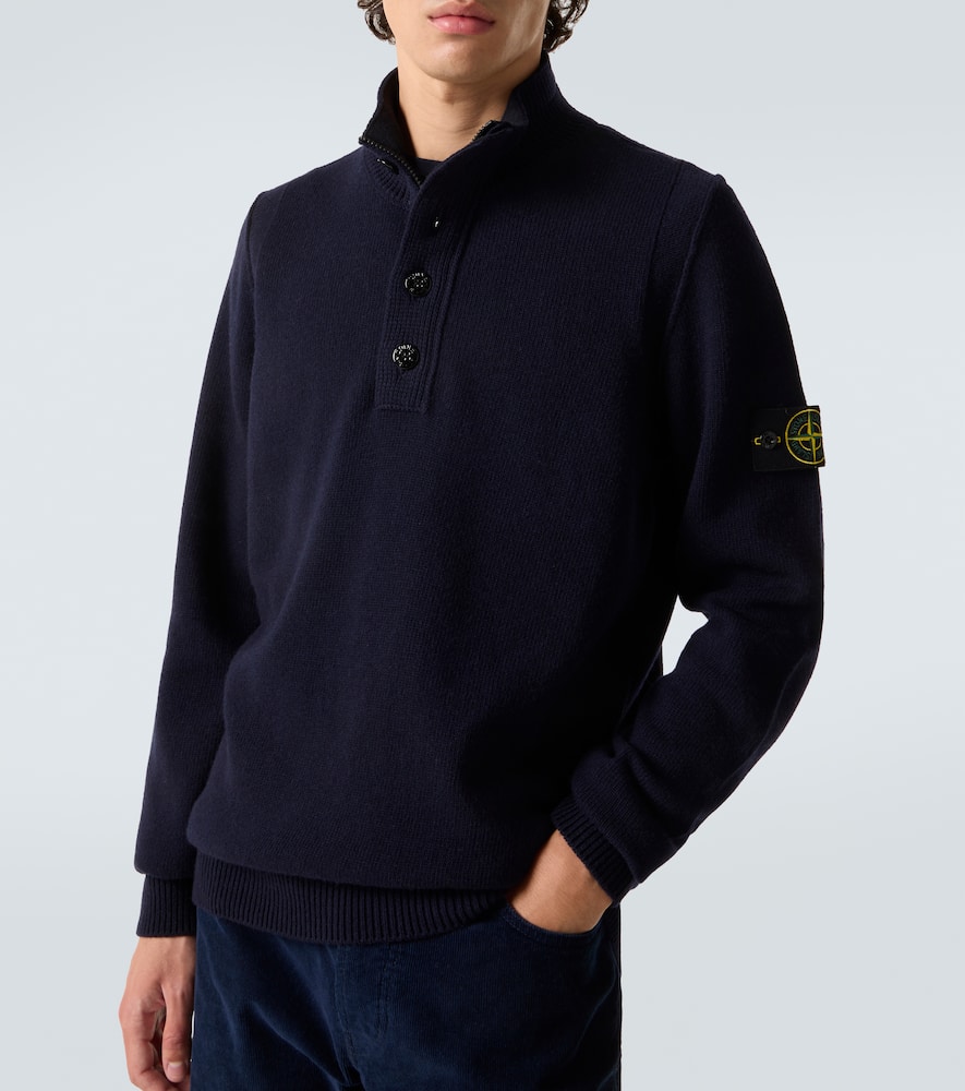 Stone Island Blue High Neck Sweater With Button Closure On The Front And Logo Patch On The Sleeve In Wool Man In Blue