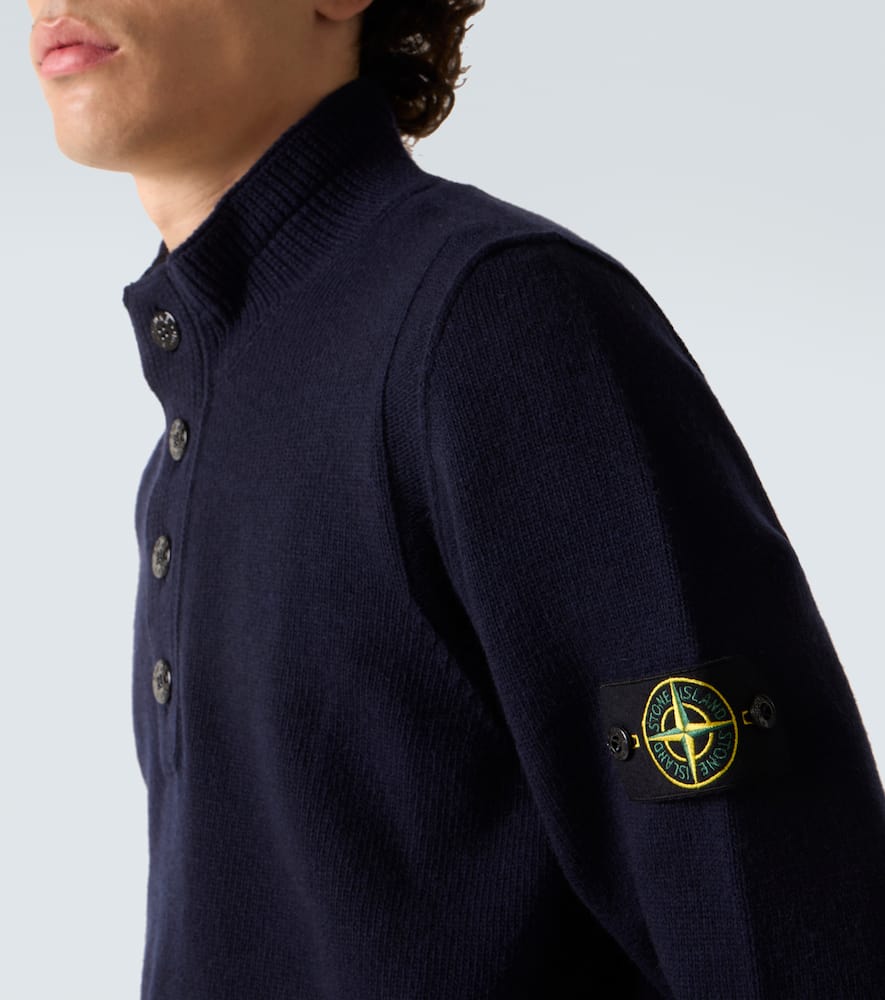 Stone Island Blue High Neck Sweater With Button Closure On The Front And Logo Patch On The Sleeve In Wool Man In Blue