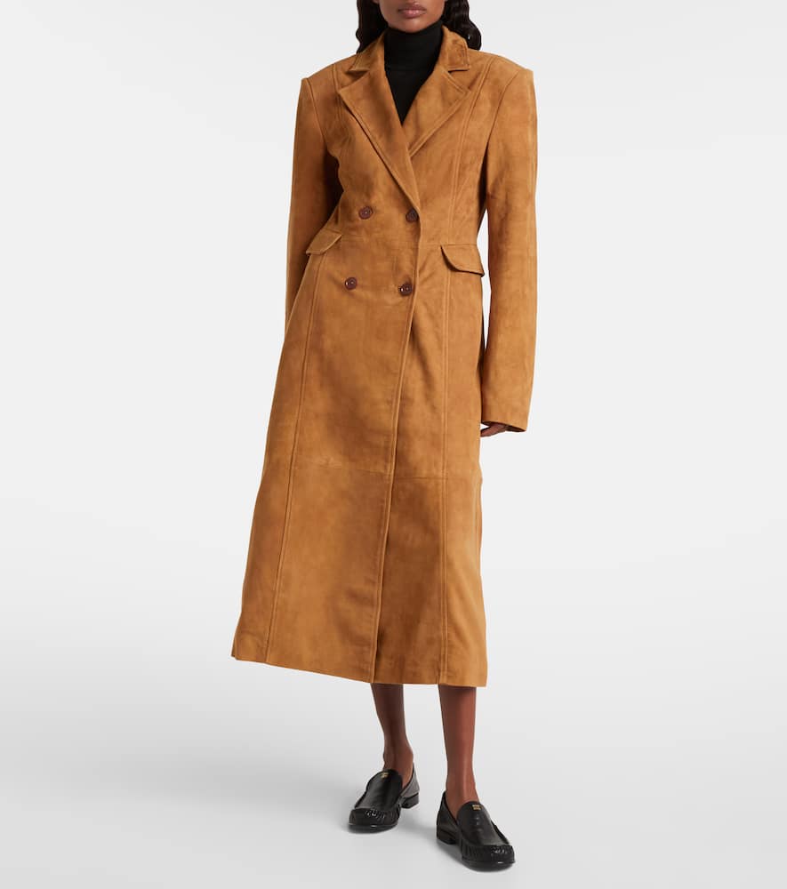 Rotate Birger Christensen Double-breasted Suede Coat In Brown