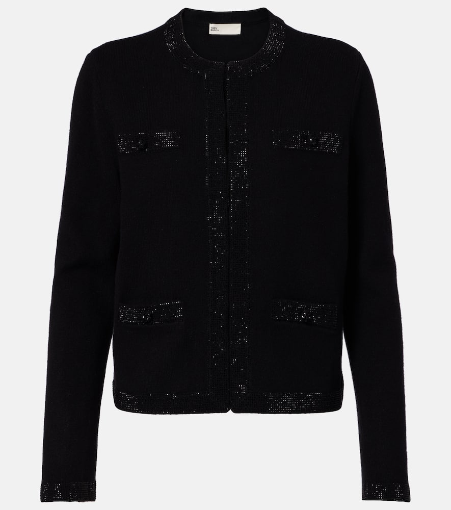 Tory Burch Embellished Wool-blend Cardigan In Black