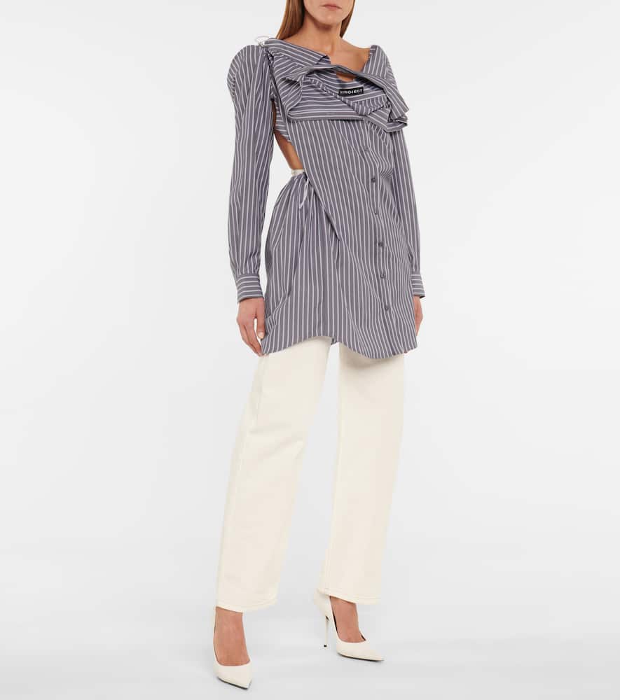 Convertible Cotton Poplin Shirt Dress In Grey,white
