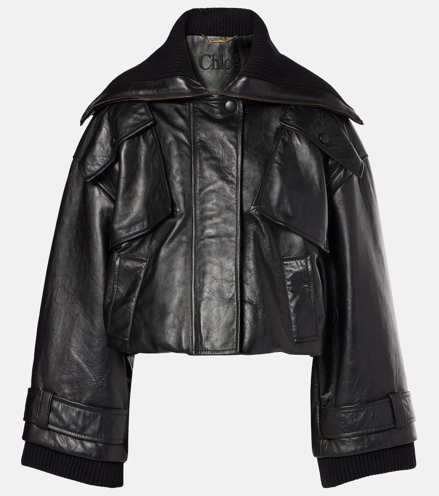 Chloé Ribbed Knit-trimmed Leather Bomber Jacket In Schwarz