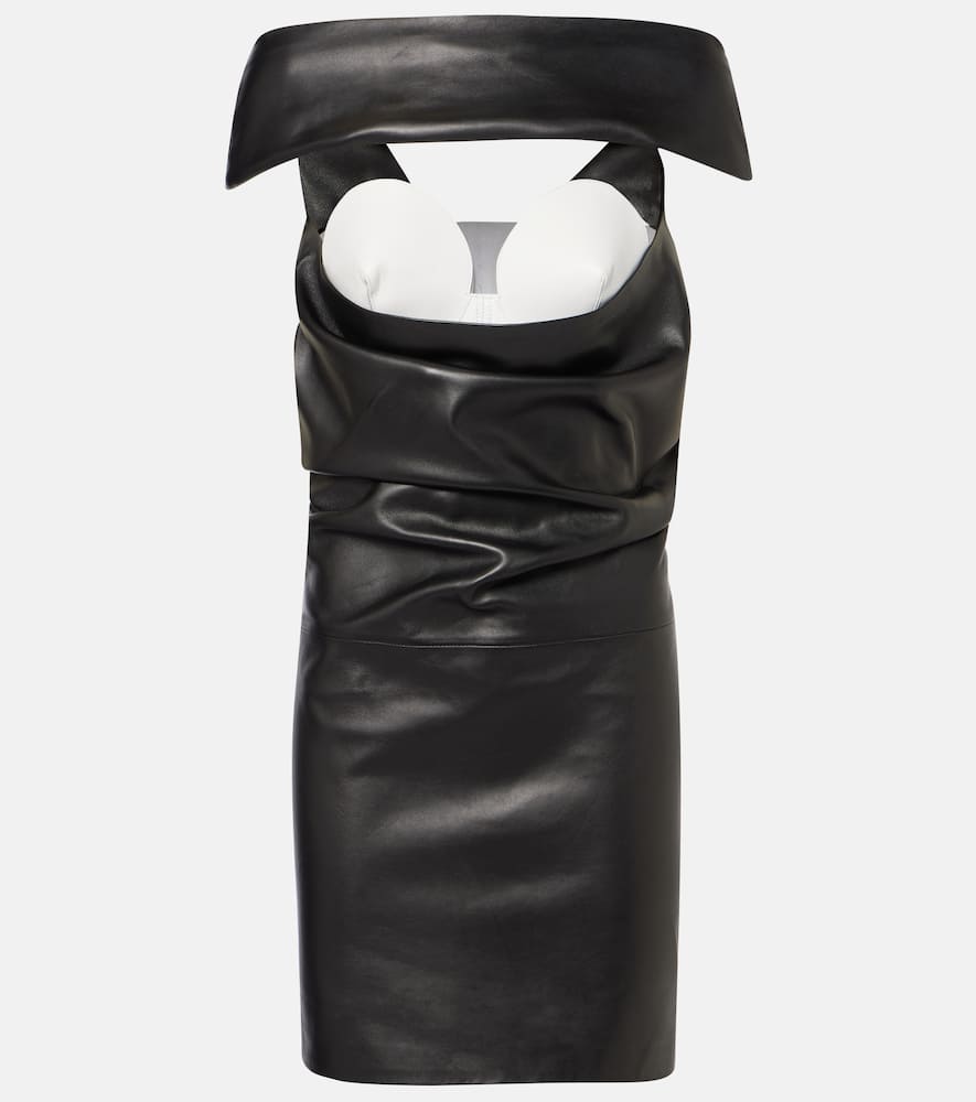 Cutout draped leather cocktail dress