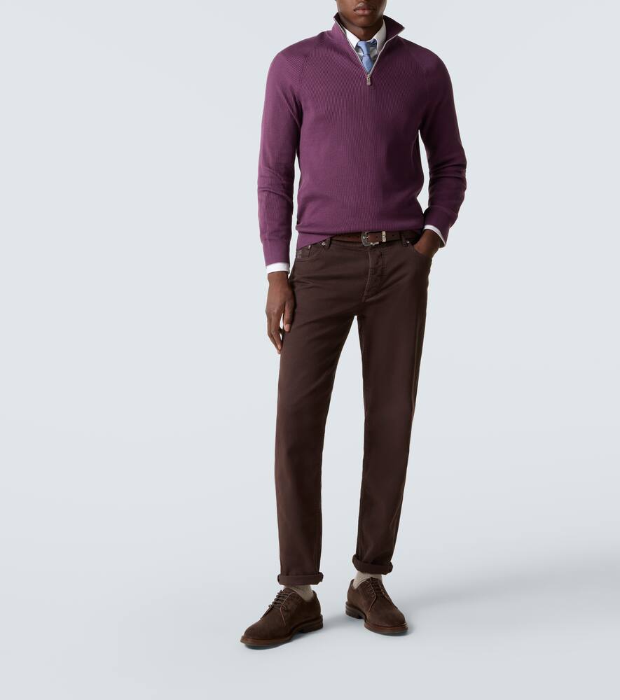 Brunello Cucinelli Ribbed-knit Cotton Half-zip Sweater In Purple