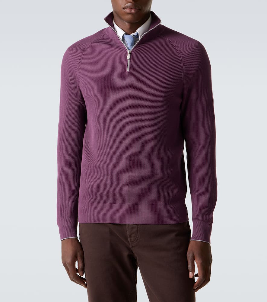 Brunello Cucinelli Ribbed-knit Cotton Half-zip Sweater In Purple