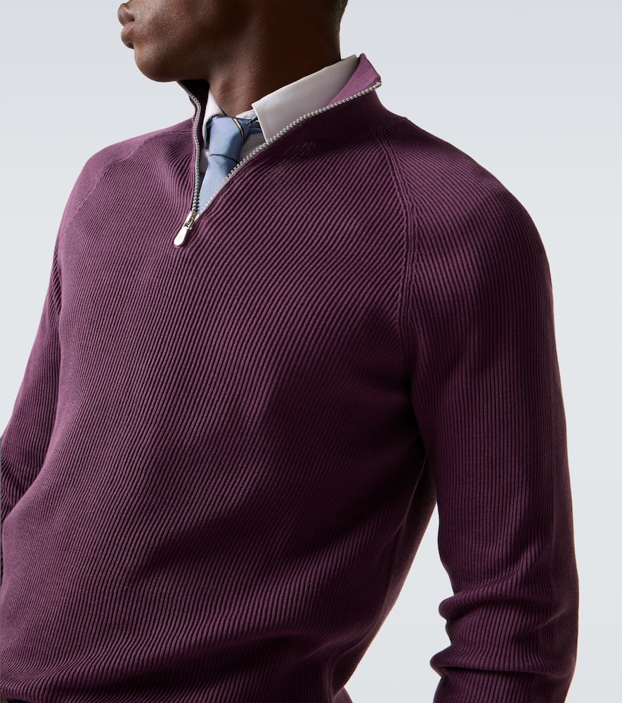 Brunello Cucinelli Ribbed-knit Cotton Half-zip Sweater In Purple