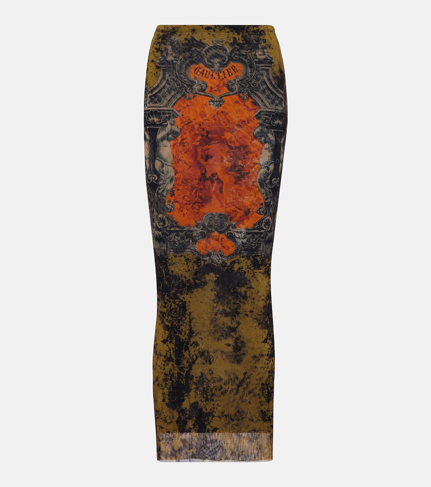 Jean Paul Gaultier Médaillon Printed Mesh Midi Skirt In Multi