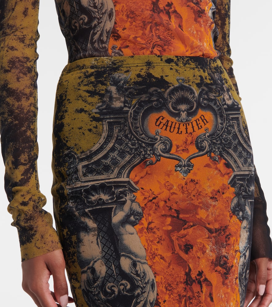 Jean Paul Gaultier Médaillon Printed Mesh Midi Skirt In Multi