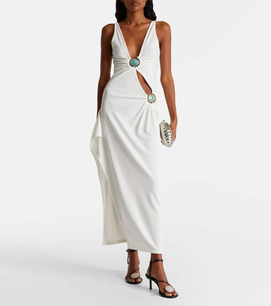 Christopher Esber Mineral Stone Embellished Jersey Maxi Dress In White