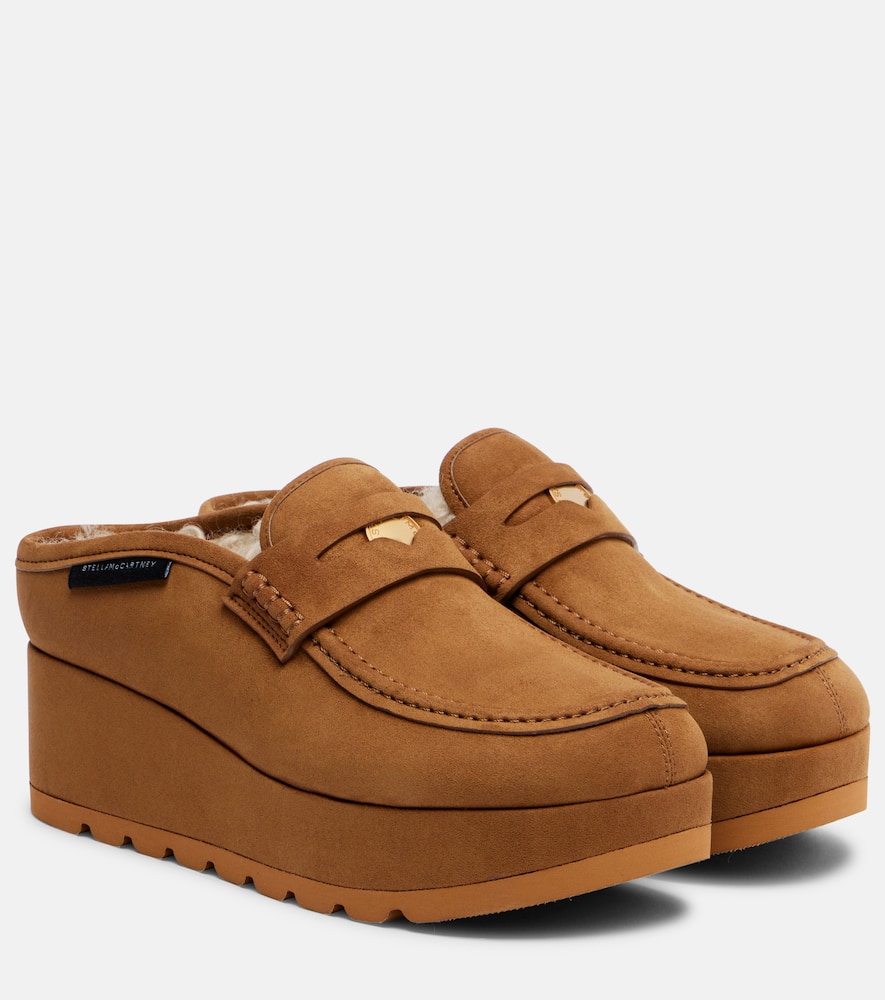 Stella Mccartney Sneak-elyse Faux Suede Wedge Mules In Brown