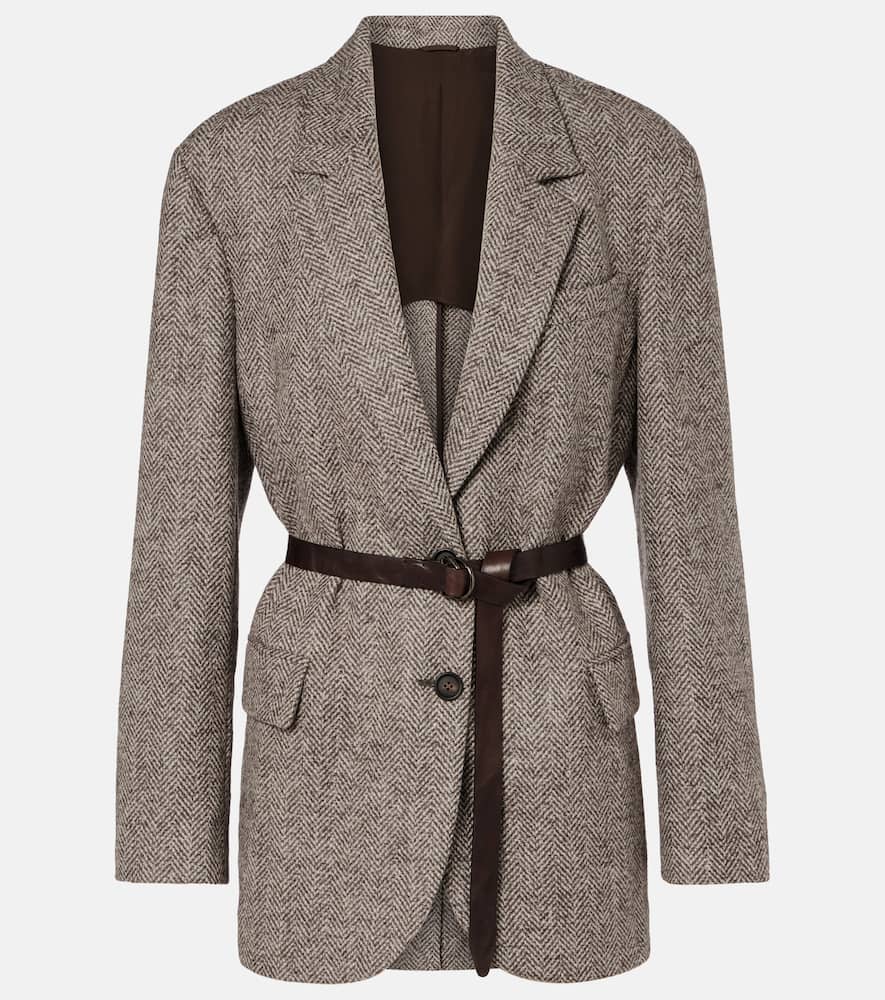 Brunello Cucinelli Belted Herringbone Wool-blend Blazer In Brown
