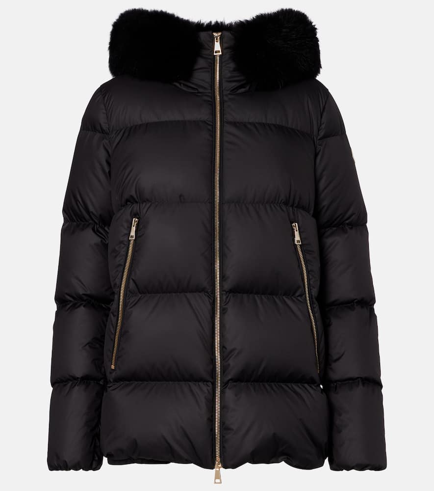 Moncler Laichefur Hooded Shearling-trimmed Short Down Jacket In Black