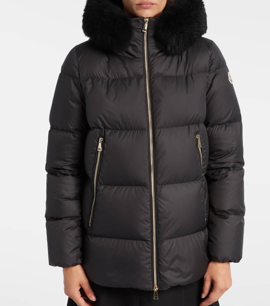 Moncler Laichefur Hooded Shearling-trimmed Short Down Jacket In Black