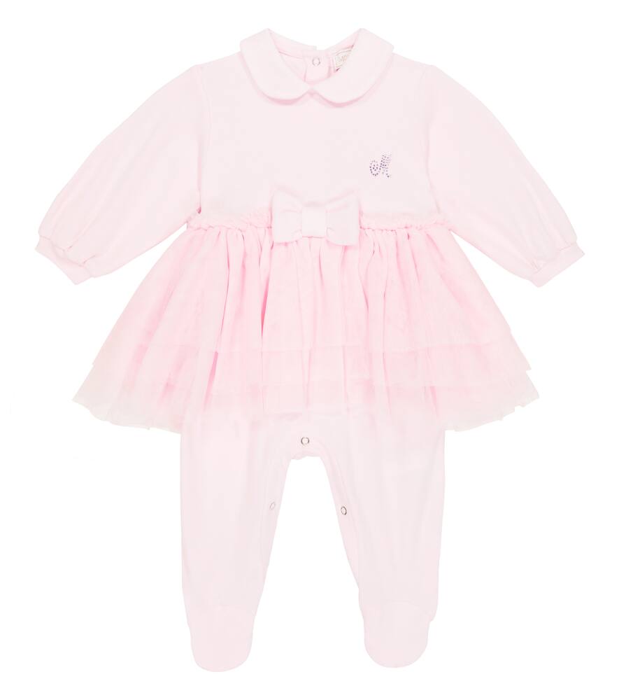 Monnalisa Baby Tulle-trimmed Cotton Onesie In Rosa Antico