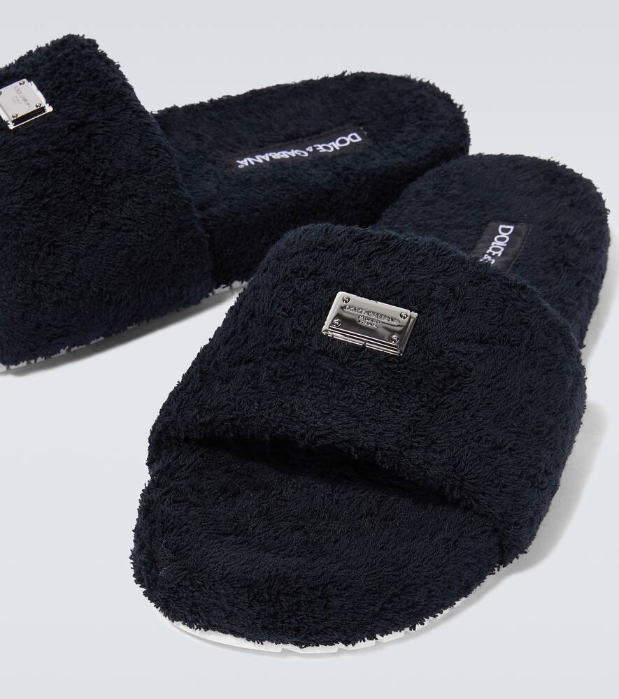 Dolce & Gabbana Terrycloth Slides With Logo Plate In Black