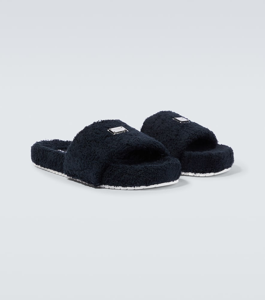 Dolce & Gabbana Terrycloth Slides With Logo Plate In Black