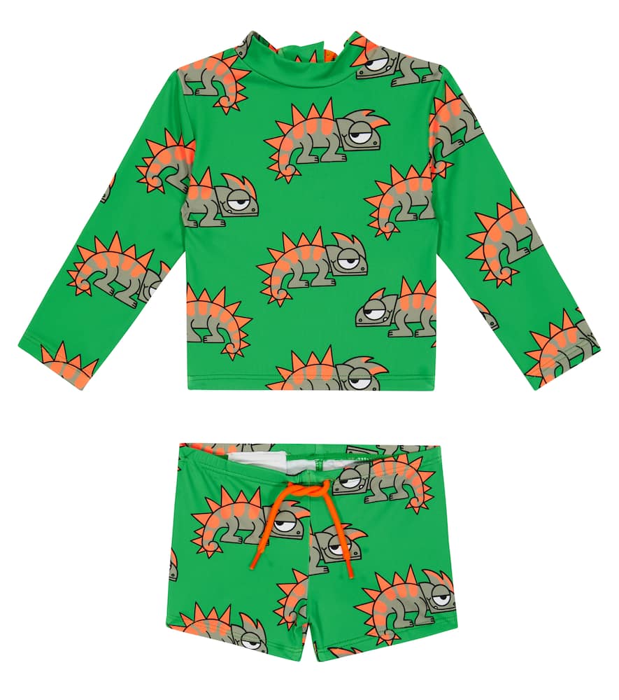 Stella Mccartney Kids' Printed Rashguard And Swim Trunks Set In Verde/multicolor