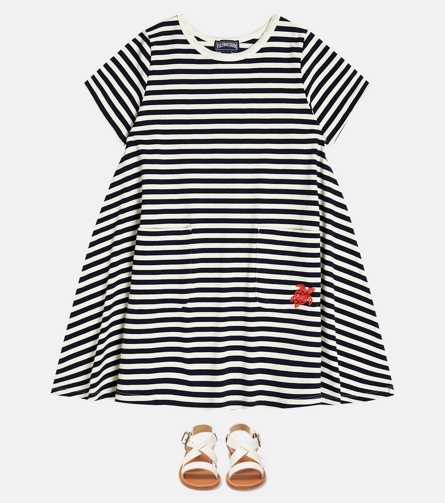 Vilebrequin Embroidered Striped Cotton Dress In Marine / Blanc