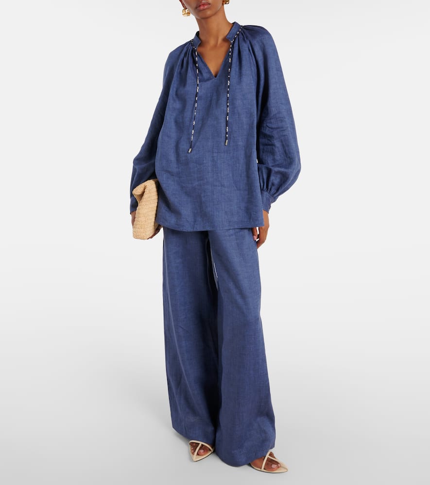 Shop Loro Piana Graysen Linen Wide-leg Pants In Blue