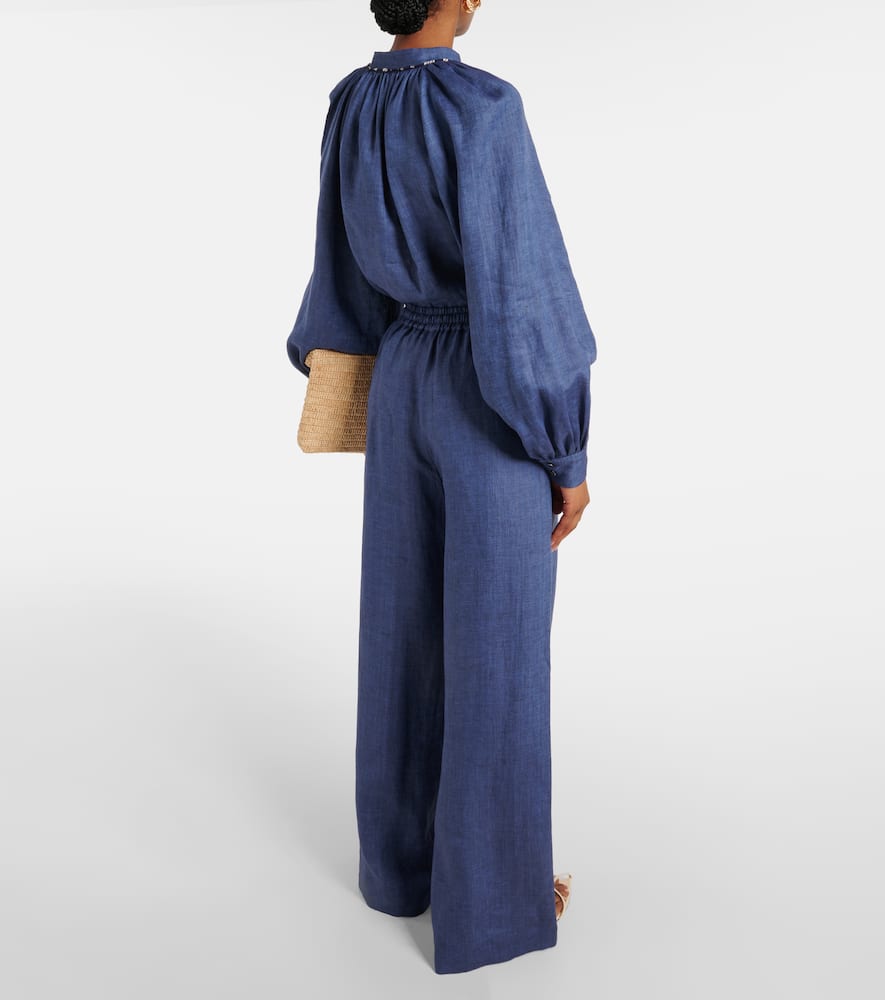 Shop Loro Piana Graysen Linen Wide-leg Pants In Blue