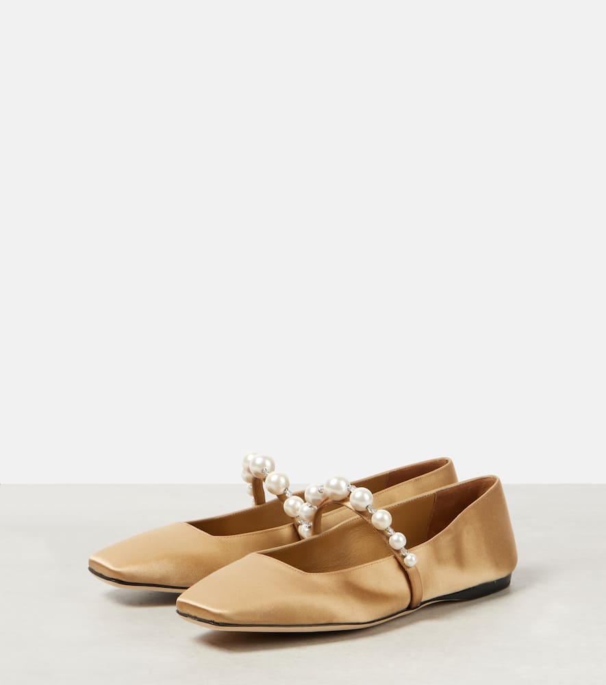 Jimmy Choo Ade Embellished Satin Mary Jane Flats In Beige