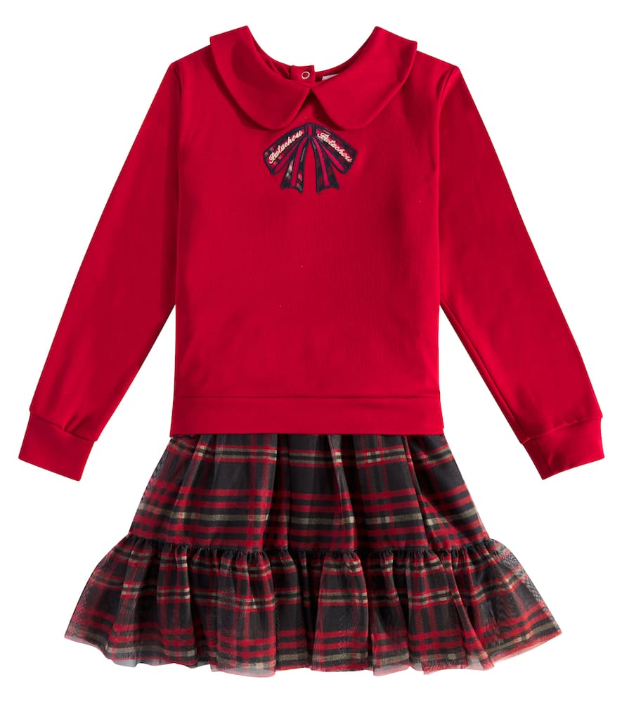 Patachou Embroidered Cotton And Tulle Sweater Dress In Red