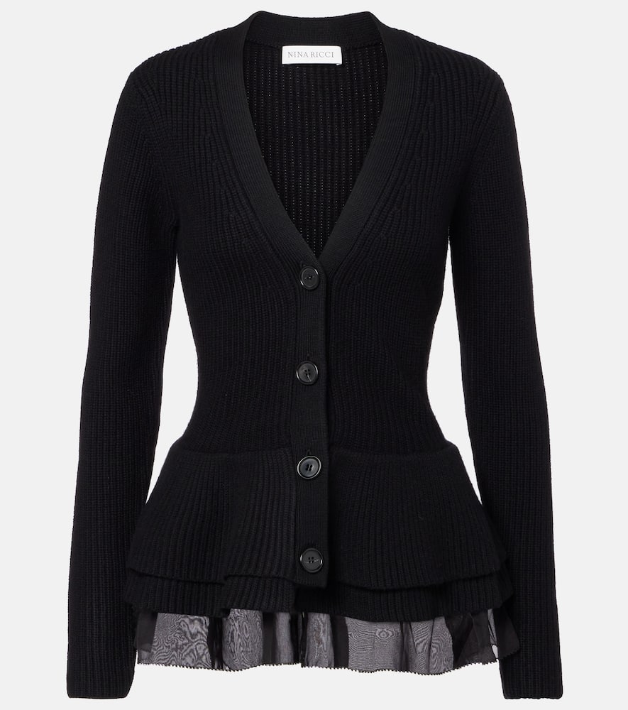 Nina Ricci Wool Cardigan With Ruffled Peplum Xl In Black