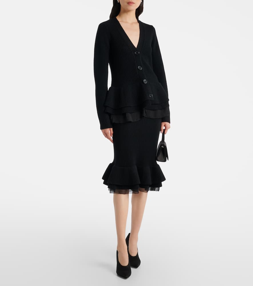 Nina Ricci Wool Cardigan With Ruffled Peplum Xl In Black