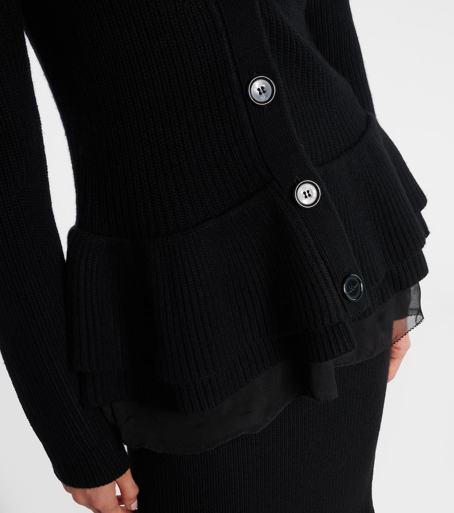 Nina Ricci Wool Cardigan With Ruffled Peplum Xl In Black