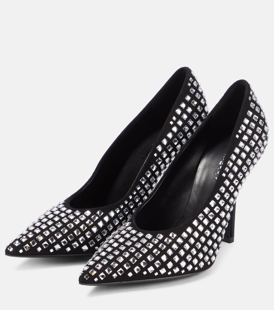 Shop Burberry Crystal-embellished Suede Pumps In Black/crystal