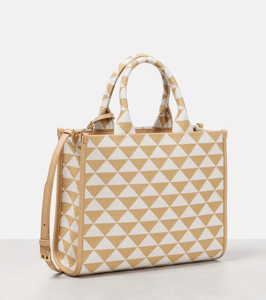 Prada Woman Embroidered Fabric Small Symbole Shopping Bag In Corda+talco
