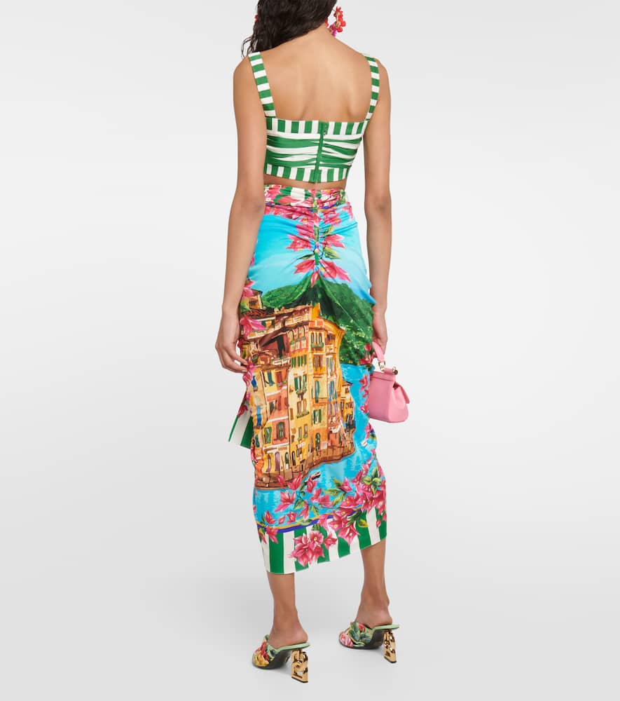Dolce & Gabbana Portofino Ruched Silk Midi Skirt In Multicoloured