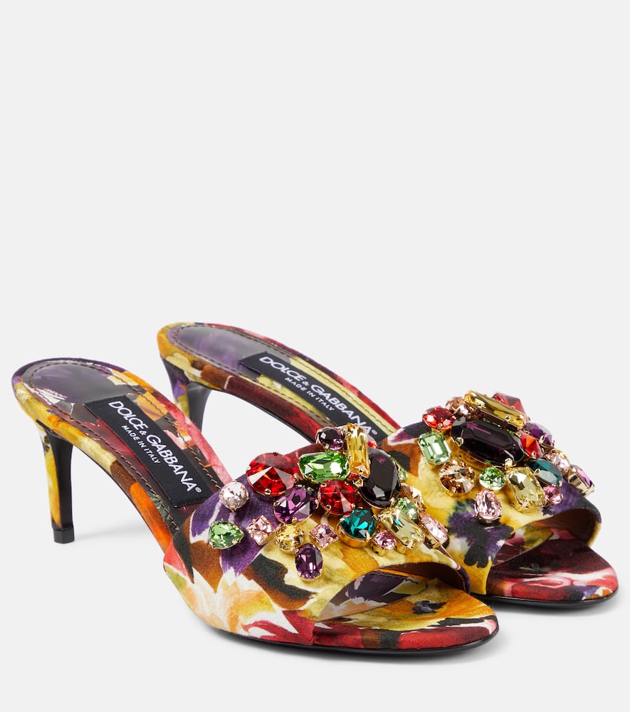 Rhinestone-embellished floral satin mules