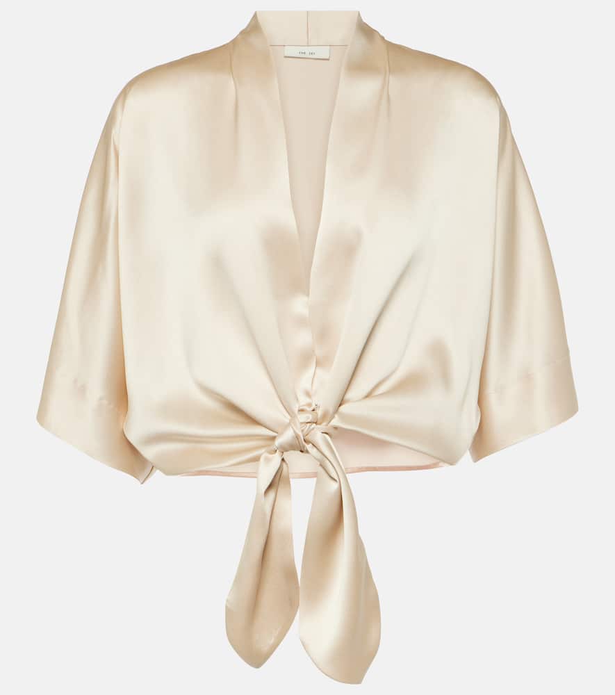 Tie-front silk charmeuse top