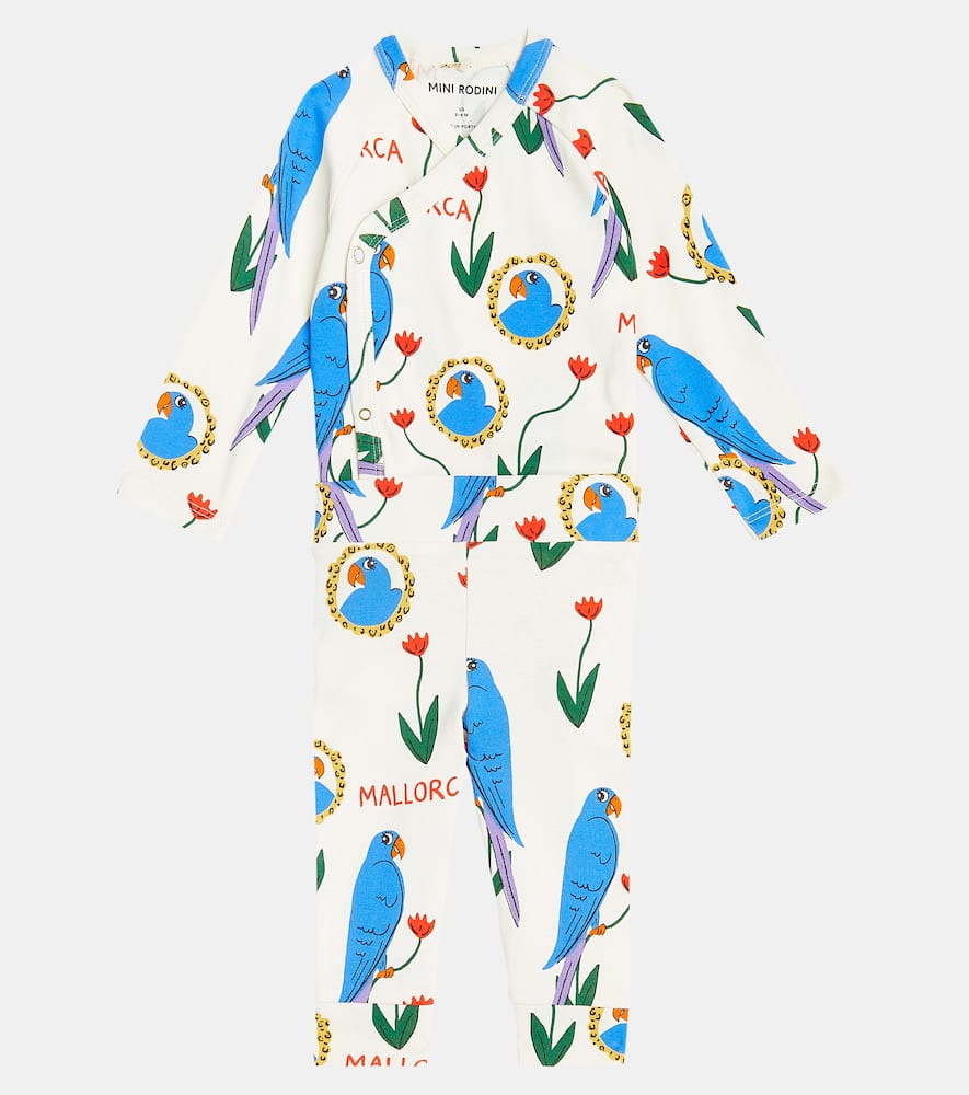 Mini Rodini Baby Parrots Cotton Jersey Bodysuit And Pants Set In Multicoloured