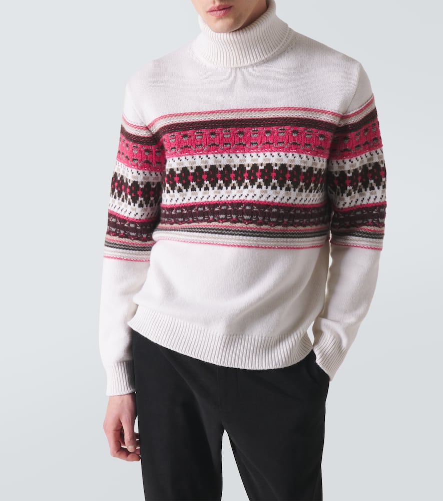 Zegna Intarsia Cashmere Turtleneck Sweater In White Fuchsia Purple Brown