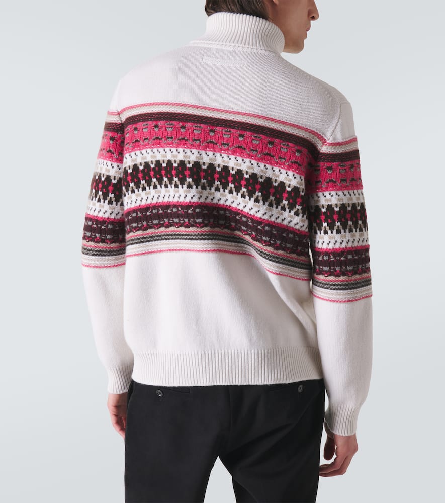 Zegna Intarsia Cashmere Turtleneck Sweater In White Fuchsia Purple Brown