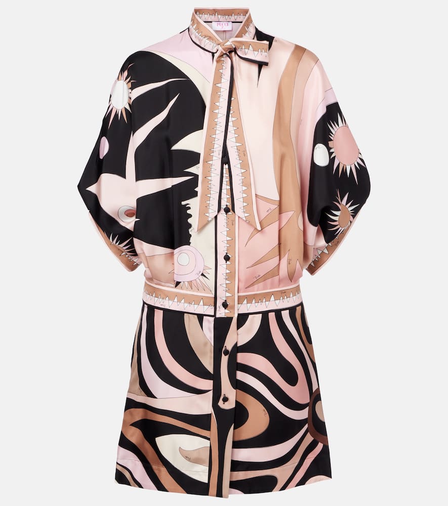 Pucci Nude And Neutral Silk Dress With High Collar And Bold Patterns