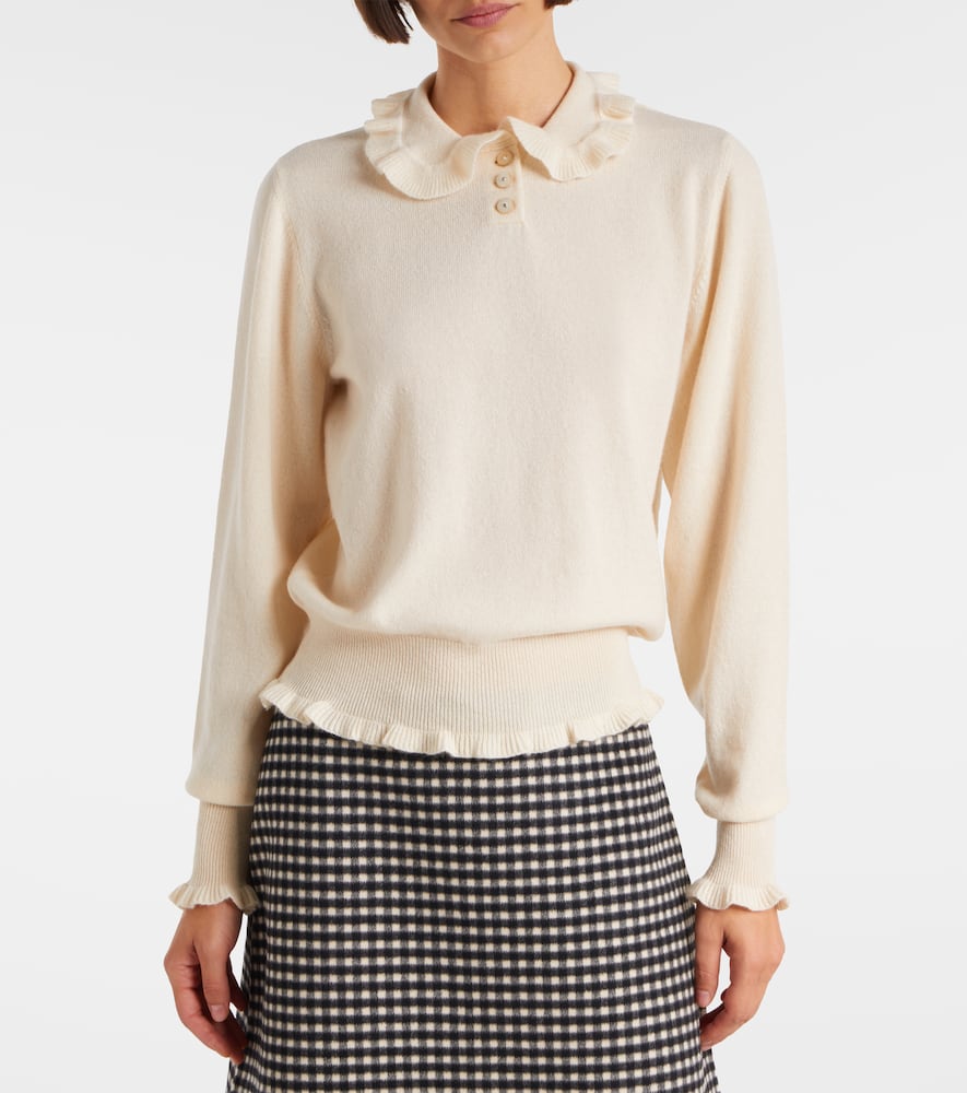 Valentino Ruffled-collar Cashmere Polo Top In Neutral